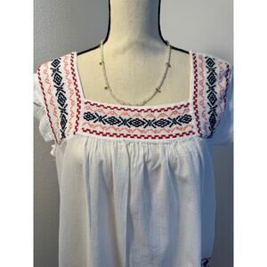 Beach Lunch Lounge White Embroidered Top Cap Sleeve Boho Blouse L Peasant